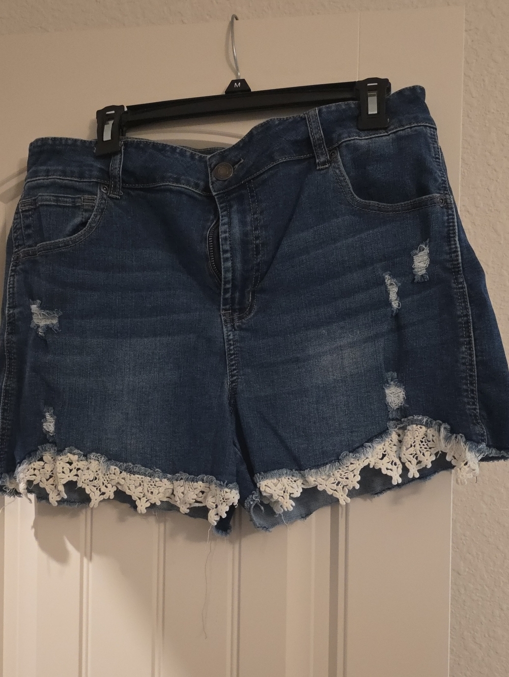 Maurices Dark Blue Denim Shorts with White Lace Hem